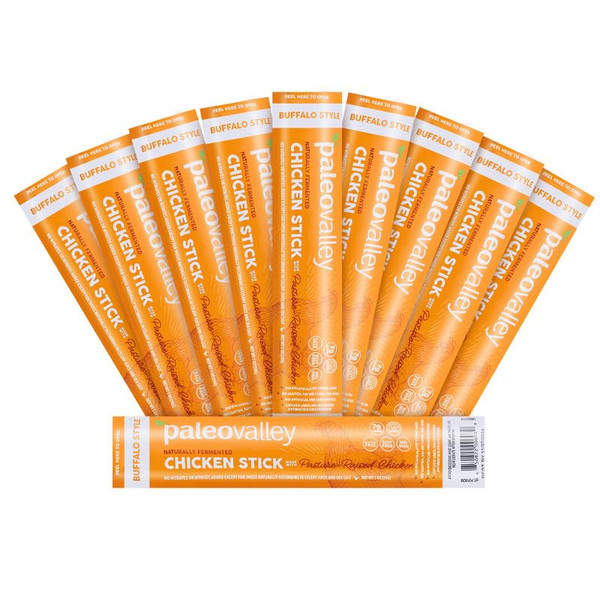 Paleovalley Pasture-Raised Chicken Sticks – 10 Pack – 7g Protein per Stick – Keto-Friendly, Paleo, Gluten-Free, Nitrate-Free – On-the-Go Snack (10 Pack, Buffalo)