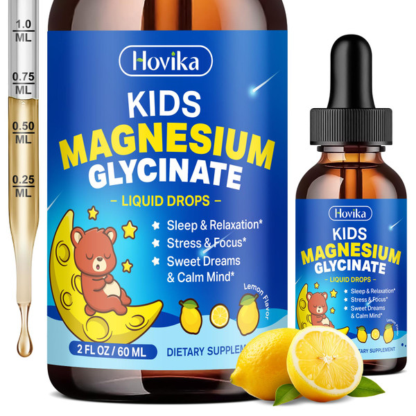 Magnesium Glycinate Liquid for Kids - with L-Theanine Omega-3, Vitamin B6, D3, Zinc - Kids Magnesium Drops for Sleep, Relaxation, Calm & Focus - 2 Fl Oz, Lemon Flavor