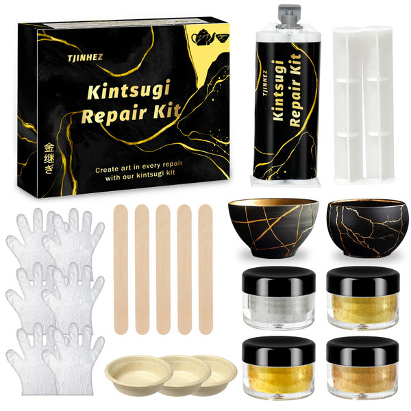 Kintsugi Repair Kit, Food Safe Gold & Silver Kintsugi Kit for Broken Ceramics, Glass, Jade and Sculptures, Japanese Art Craft with Gold Glue for Ceramics and Porcelain Repair Restoration