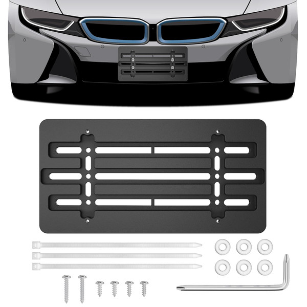 QKYS License Plate Holder, No Drill Front Licenses Plate Bracket Hardware Kit with Screws, Universal Bumper License Plates Holder Mount Adapter Frames for SUV, Sedan, Truck, Car Accessories