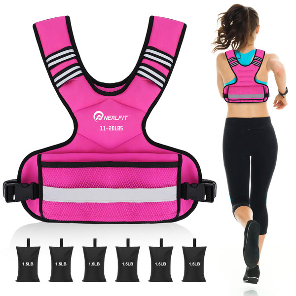 NEALFIT Weighted Vest for Women and Men, 5-10lb/11-20lb/18-30lb Adjustable Weighted Vest with Reflective Strip, Body Weight Vest for Walking, Running, Fitness, Strength Training (Pink, 11-20 lbs)