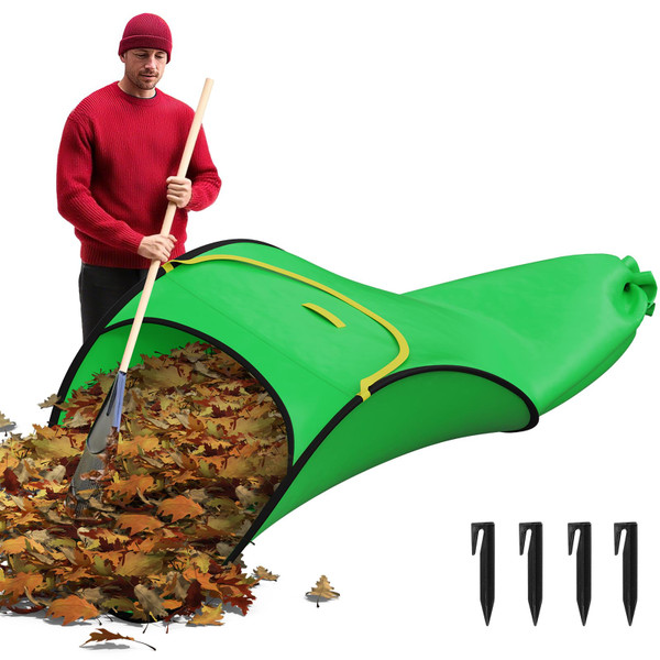 Large Leaf Collector Bag with Dustpan Design, Foldable Reusable Yard Waste Chute Bag for Lawn Garden, Waterproof Polyester Leaf Collection Sack Catcher, Easy to Sweep In (Middle) (Green-Large)