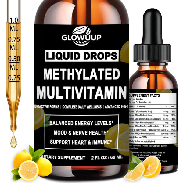 Methylated Multivitamin for Men & Women, 8-in-1 Methylated B Com-plex w. Methylfolate B12 B2 Vitamin C E D3 K2, Advance Daily Multi Vitamin Liquid Drops for MTHFR Support, Cognitive Energy & Focus