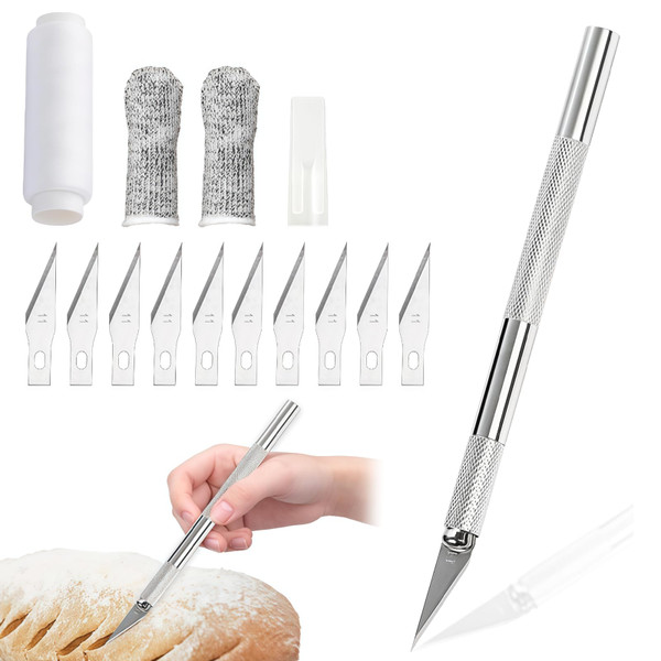 Premium Bread Lame Scoring Tool Kit,11 Blades,Stainless Steel Handle,Safety Cover with 2 Finger Sleeves Pattern String for Artisan Sourdough Baking,Scoring Knife for Bread Baking