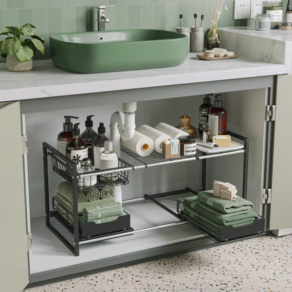NETEL Under Sink Organizers and Storage,Kitchen Cabinet Organizer,2 Tier Under Sink Expandable Shelves，Bathroom Cabinet Organizer with Pull Out Drawers,(30.9-31.64)" W x 14.69" D x 15.83" H,Black
