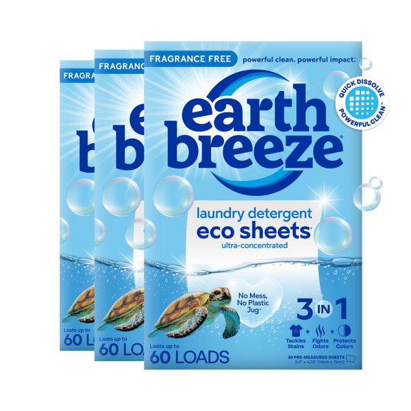 Earth Breeze Laundry Detergent Sheets Fragrance-Free - 180 Loads Eco Liquidless Soap - Travel-Friendly for Hot & Cold Cycles, Tackles Tough Stains & Odors - Gentle on Sensitive Skin, 90 Ct (3 Pack) Earth Breeze Laundry Detergent Sheets Fragrance-Free - 180 Loads Eco Liquidless Soap - Travel-Friendly for Hot & Cold Cycles, Tackles Tough Stains & Odors - Gentle on Sensitive Skin, 90 Ct (3 Pack)