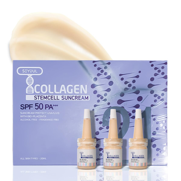 T-Collagen Stemcell Sunscreen Serum SPF50+ PA++++ | Hydration, Anti-Aging & Sun Protection, Makeup Base | Daily Facial Serum with Collagen & Niacinamide – 4 Bottles