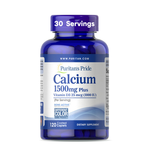 Puritan's Pride Absorbable Calcium 1500 mg Plus Vitamin D3 25mcg 1000 IU, Dietary Supplement for Bone Strength, Heart, Nerve, Muscle, and Immune Support, 120 Coated Caplets