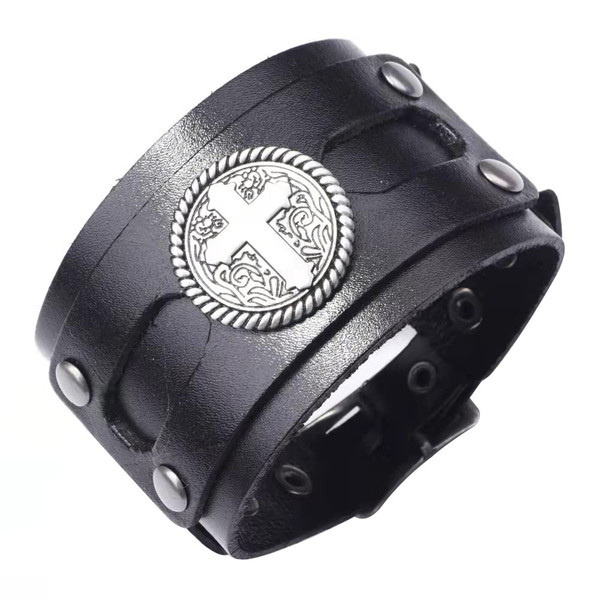 NIGHTCRUZ Wide Leather Bracelet with Cross, Medieval Leather Cuff Wristband for Mens NIGHTCRUZ Wide Leather Bracelet with Cross, Medieval Leather Cuff Wristband for Mens