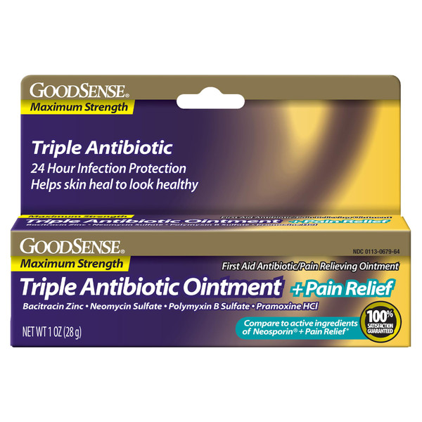 GoodSense Maximum Strength Triple Antibiotic Ointment plus Pain Relief - Soothes Painful Cuts, Scrapes and Burns, Prevents Infection, First Aid Antibiotic, External Analgesic, 1 oz