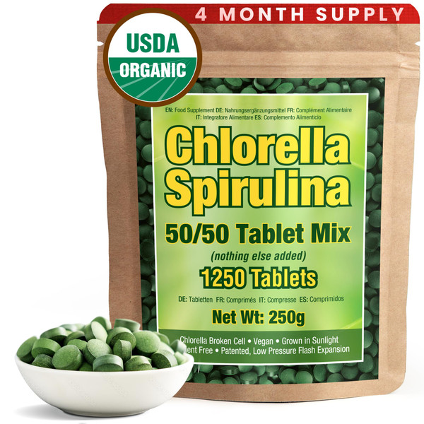 Good Natured Premium Spirulina and Chlorella Capsules 1,250 Tablets, Non-GMO, Vegan Organic Chlorella Tablets, Sunlight Grown, Cracked Cell Wall, High Protein, Heavy Metal Detox