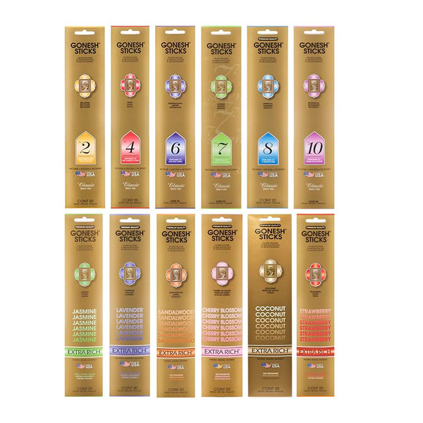 Gonesh - Incense Sticks Variety Pack - Non-Toxic 10” Slow Burn Aromatic Sticks - Classic Collection & Extra Rich Collection - 12 Packs of 20