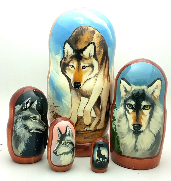 Wolf Russian Handcrafted Nesting 5 Piece Doll Stacking Set 7" Tall