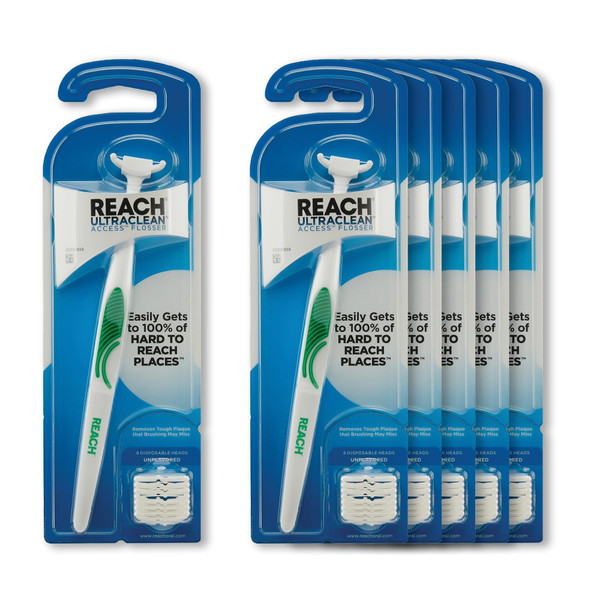 REACH Ultraclean Access Flosser Starter Kit, Unflavored, Plaque Remover for Teeth, for Hard to Reach Areas, Oral Care, PFAS Free, 1 Replaceable Flosser & 8 Refill Heads, 6 Pack