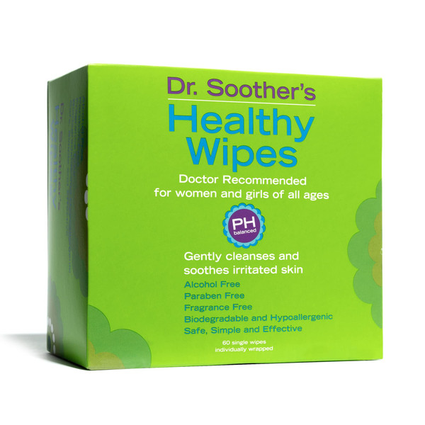 Dr. Soother's Healthy Wipes - PH Balanced Feminine Hygiene, Unscented, Hypoallergenic, Alcohol & Fragrance Free - 60 Individually Wrapped Cleansing Wipes for Women & Girls