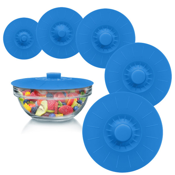 Silicone Bowl Lids Blue Set of 5 Reusable Suction Seal Covers for Bowls, Pots, Cups. Food Safe. Natural grip, interlocking handles for easy use and storage.