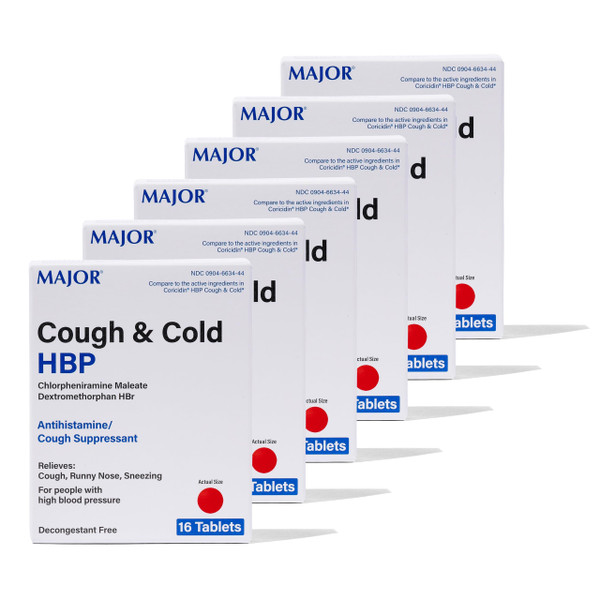 MAJOR Cough and Cold HBP Tablets - Antihistamine and Cough Suppressant for People with High Blood Pressure - Dextromethorphan HBr, Chlorpheniramine Maleate - 16 Count (6 Pack)