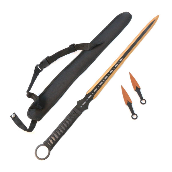 Wartech K1020-64-GD 440 Stainless Steel Full Tang Blade Ninja Hunting Machete Sword with Throwing Knives (2 Piece), 27", Gold