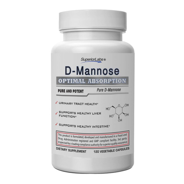 Superior Labs D-Mannose 500 mg, Pure Non-GMO Optimal Absorption Prebiotic, Urinary Tract, Bladder & Kidney UTI Support, Digestive & Liver Health Aid, IC Relief for Women & Men, 120 Veg Caps