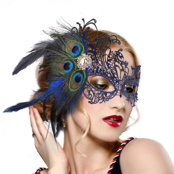Zinniday Blue Masquerade Masks for Women - Handmade 1920s Vintage Peacock Feather Mask with Royal Blue Rhinestone Venetian Eyemask for Woman Couples Mardi Gras Costumes Dress Party Wedding Renaissance