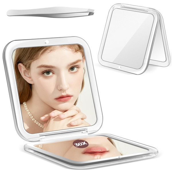MIYADIVA Compact Mirror, 30X Magnifying Mirror, Pocket Mirror for Purse, Travel Makeup Mirror with 30X/1X Magnification, Travel Essentials Mirrors, Precision Tweezers, Present for Girls-1763868274