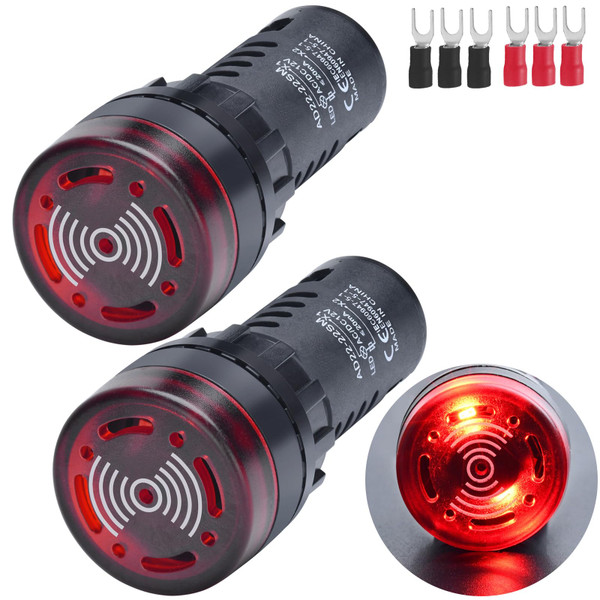 22mm Piezo Buzzer Red Indicator Light Lamp 12V DC/AC LED 7/8in with Intermittent Buzzer Flash Alarm Signal Indicator Electrical Control Panel DIY 2Pcs