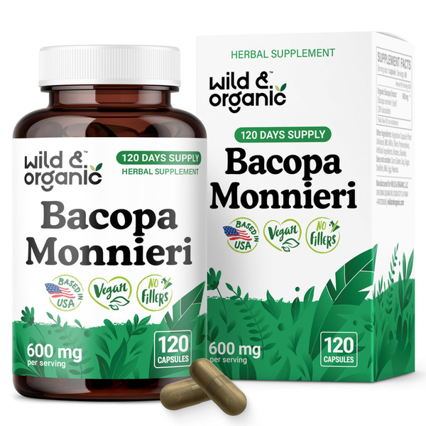 Wild & Organic Bacopa Monnieri Capsules 600 mg - Brain Support - Natural Bacopa Supplements - Brahmi Capsules - 120 Days of Supply - Vegan, No Fillers, Non-GMO - 120 Count