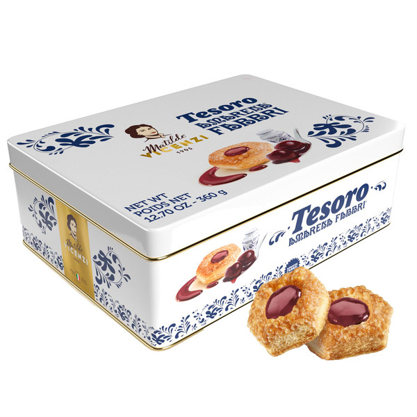 Tesoro Fabbri Wild Cherry Filling Gift Tin by Pasticceria Matilde Vicenzi, Cherry Cream Filled Puff Pastry Patisserie, Kosher Dairy, Made in Italy, 12.7oz (360g)