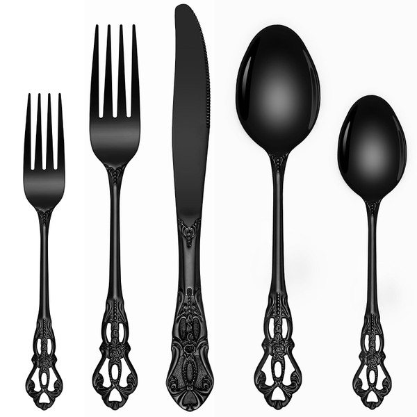 Ollex 60-Piece Retro Royal Black Silverware Set for 12, Premium Vintage Black Flatware set with Food-Grade Mirror Polish Stainless Steel Fork Spoons Knives Utensil Cutlery Set, Dishwasher Safe