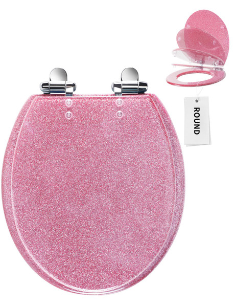 Toilet Seat Pink, Resin Toilet Seat Round Glitter Pink, Slow Quiet-Close Lid and Seat Heavy Duty for Standard Toilets, Easy Installation & Cleaning (Round 17 Inch)