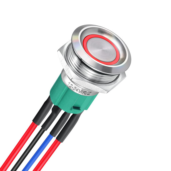 acegoo 19 mm 12 V Switch Stainless Steel Pressure Switch Round 10 A On/Off SPST 12 V/24 V Button Pre-Wired Cable for Motorhome Boat Truck Car, Red Ring Light (1 Piece, Silver)