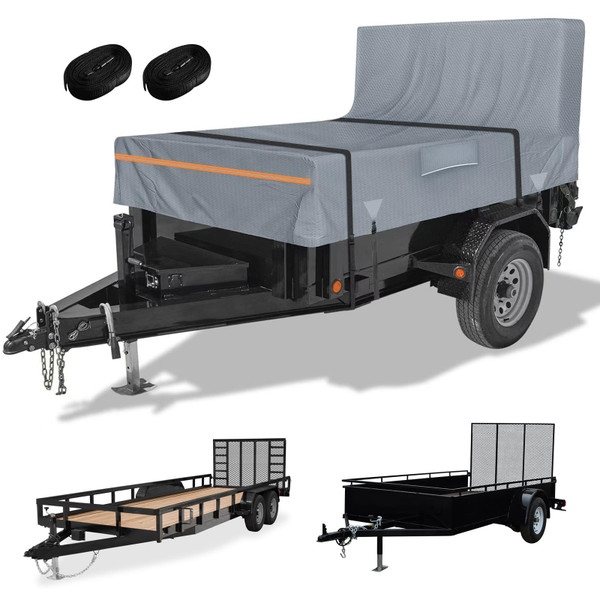 Utility Trailer Cover, 5x8 Trailer Cover with Rear Landscape/Ramp Gate 48” to 60” high, 600D Waterproof Windproof Heavy Duty Black Dump Trailer Cover, Fits 5 x 8 FT (W x L)
