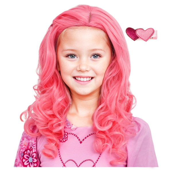 Kids Long Curly Pink Wigs Costume Accessories Hair for Girls Children