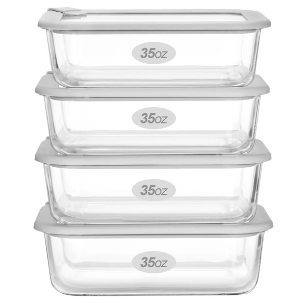 EcoEvo Glass Food Containers with Glass Lid, Microwave Safe Food Storage Container Set, 4 Pack of 35oz, Large Size Airtight Storage Set with Leak Proof Lids, Meal Prep Containers
