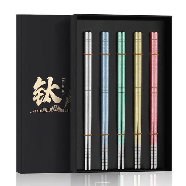 ZING TTI Titanium Chopsticks Set - 5 Pairs Reusable Metal Chopsticks for Cooking, Asian Cuisine, Dishwasher Safe, 9.05 Inch, Gift Box (5 Colors)