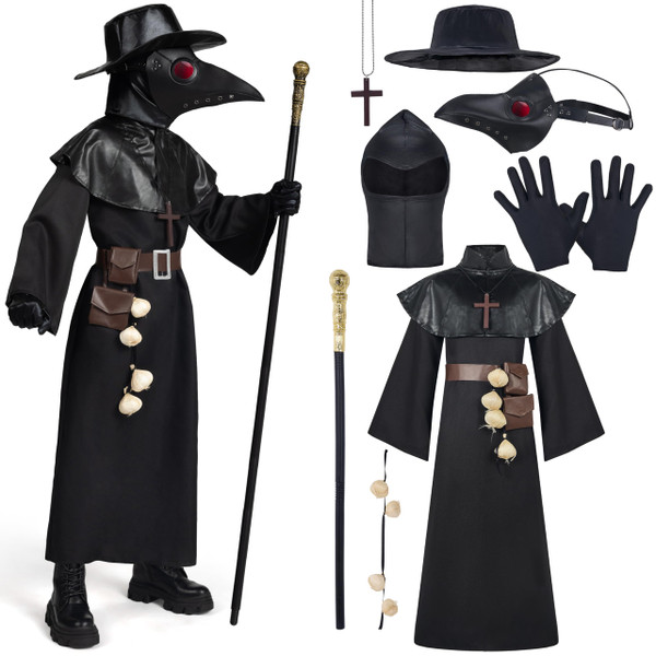 Spooktacular Creations Black Plague Doctor Costumes Set, 10 in 1 Halloween Costume Beak Mask Plague Dr Outfit for Kids (Large)