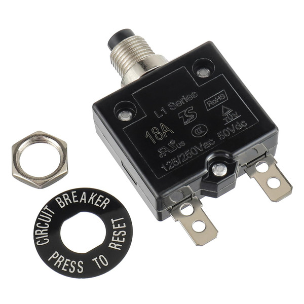 HUWREW 18 Amp Push Button Circuit Breaker 125-250V AC 50V DC L1 Series Manual Reset Thermal Circuit Breaker 18A Thermal Overload Protector