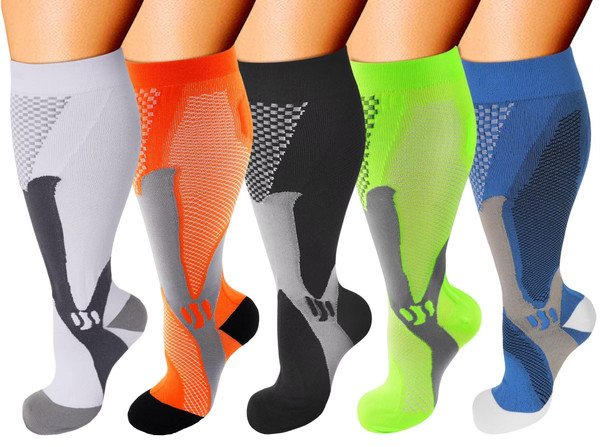 Double Couple 5 Pairs Wide Calf Compression Socks for Men Women Extra Plus Size Knee High Support