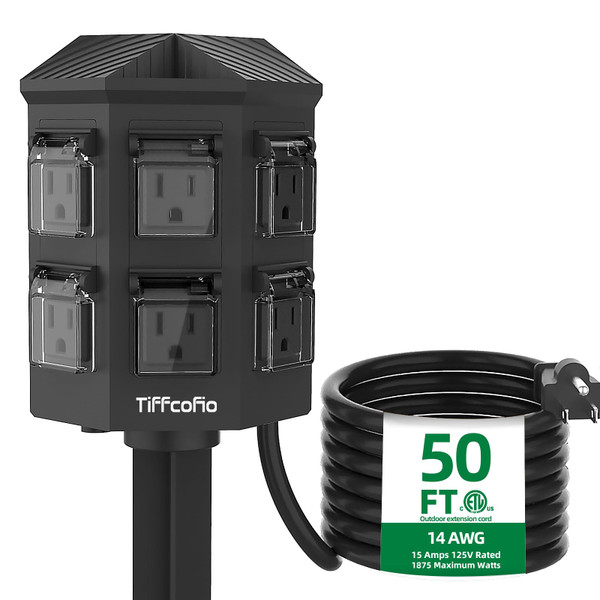 TiFFCOFiO Outdoor Power Strip Weatherproof, 50 FT Extension Cord with Power Stake, 6 Grounded Outlets for Outdoor Lights, 15A/1875W, ETL Listed