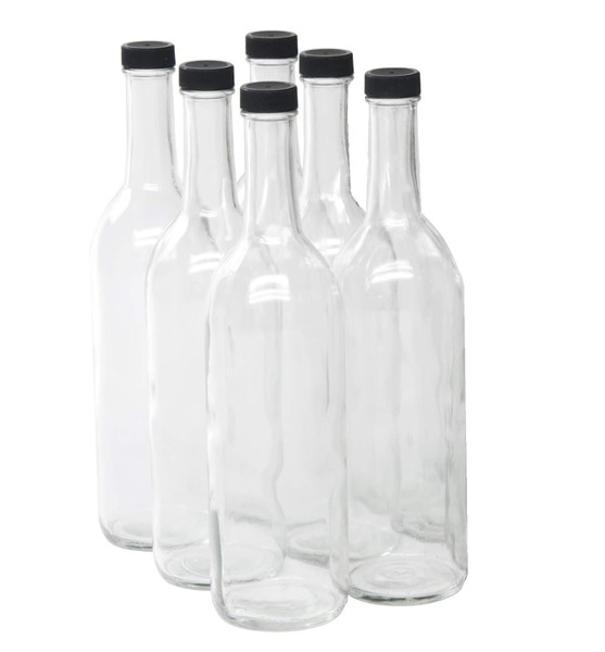 North Mountain Supply 750ml Clear Glass Bordeaux Wine Bottle Flat-Bottomed Screw-Top Finish - with 28mm Black Plastic Lids - Case of 6