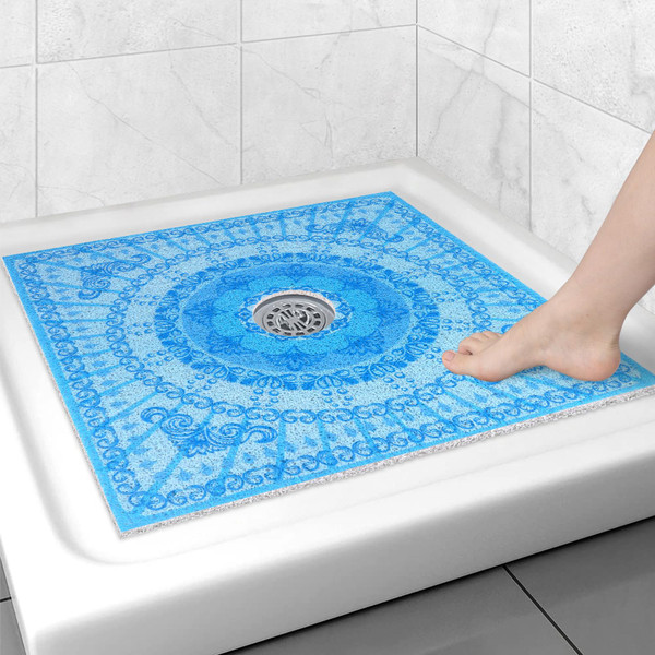 Square Shower Mat Non Slip: 27x27 Inch Extra Large Shower Floor Mat with Drain Hole in Middle - Soft PVC Loofah Bath Mat for Shower - Anti Slip Shower Stall Mat for Elderly and Kids