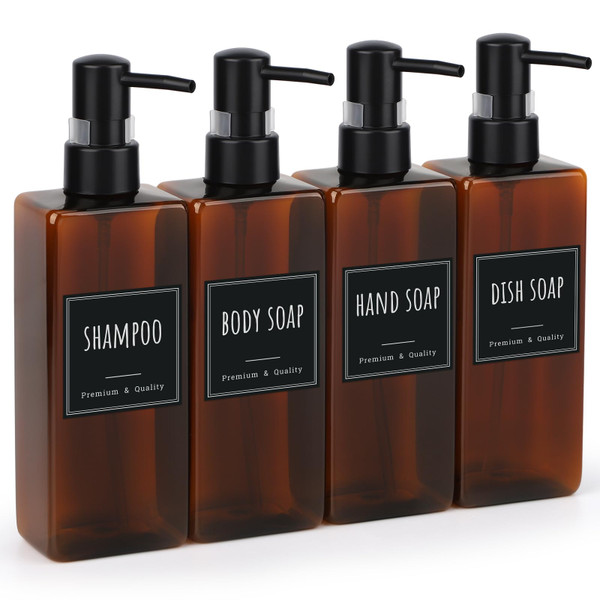 Segbeauty Bathroom & Kitchen Soap Dispenser, 4 Pack Reusable 16.9oz Plastic Square Dispenser, 500ml Empty Refillable with Labels