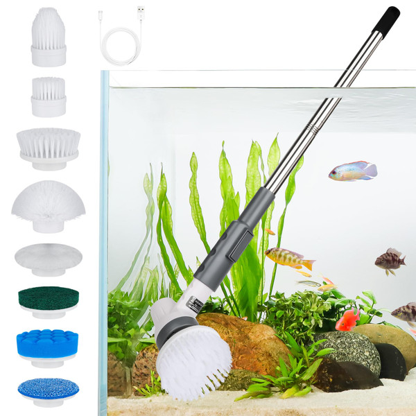 AQQA 8-in-1 Aquarium Cleaning Kit Electric Spin Scrubber Glass Cleaner Cordless Rechargeable IPX9 Waterproof Handheld Fish Tank Cleaning Brush Algae Scrapers Cleaning Tools