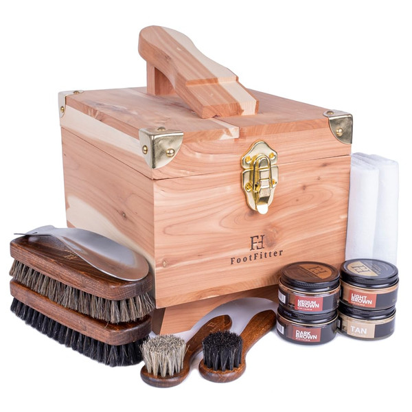 FootFitter Shoe Shine Set & Grand Cedar Wood Storage Box, Shoe Polish Cream & Shoe Care Tools for Leather Shoes (Brown Colors)
