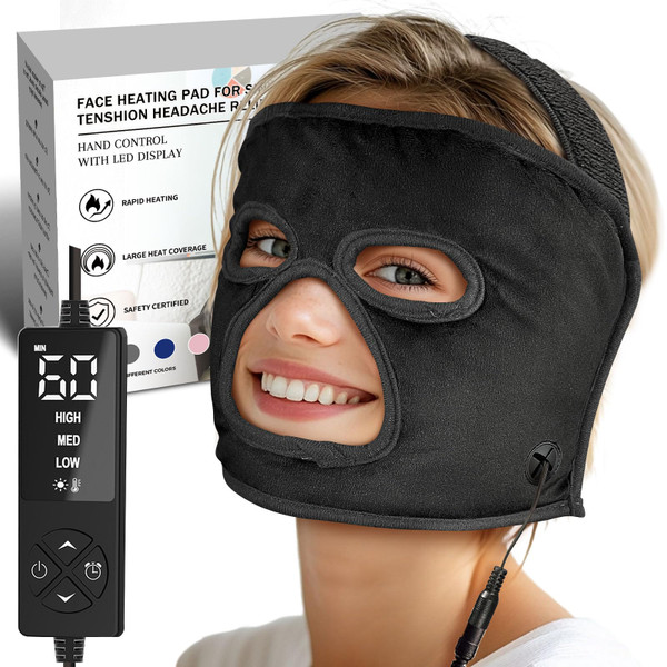 ELEKHEAL EX-Large Heated Face Mask with Eye Cutouts for Sinusitis, TMJ, Tension Headaches with 3 Heat & 5 Timer Settings, Electric Heating Pad for Face Full Coverage Moist Heat Therapy