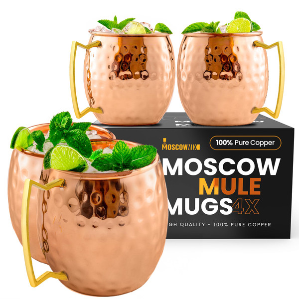 Moscow-Mix Moscow Mule Mugs - 100% Pure Copper Mugs Set of 4 - Food Safe 16 oz Premium Moscow Mule Cups Set of 4 - Solid Copper Cups for Drinking - Handcrafted Premium Gift