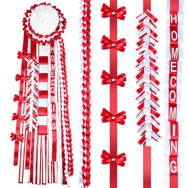 Yinkin 4 Pcs Homecoming Mum Braid 30 Inches Homecoming Mum Supplies Back to School Week Party Decorations Crafts for Back to School Classroom(White and Red)