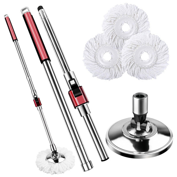 Replacement Handle for Swivel mop, 360° Swivel Adjustment, Reinforced Locking Telescopic Pole + 3 Reusable Microfiber mop Refills + 1 Stainless Steel Tray, Suitable for Multiple scenarios in The Home