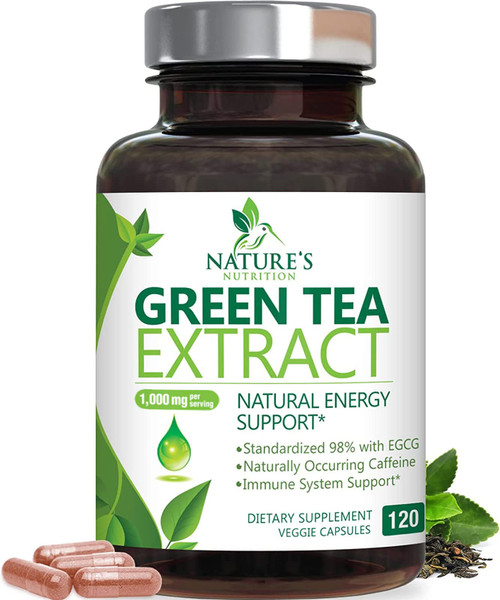 Green Tea Extract Capsules 1000 mg - Standardized 45% EGCG & 98% Polyphenols - 3X Strength Green Tea Pills for Natural Energy - Supports Heart Health, Herbal Supplement, Vegan, Non-GMO - 120 Capsules