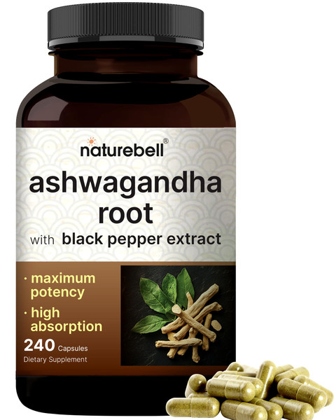 NatureBell Ashwagandha with Black Pepper, 240 Capsules | High Absorption Complex – Extra Strength Root Extract – Adaptogens Supplements for Relaxation – Non-GMO